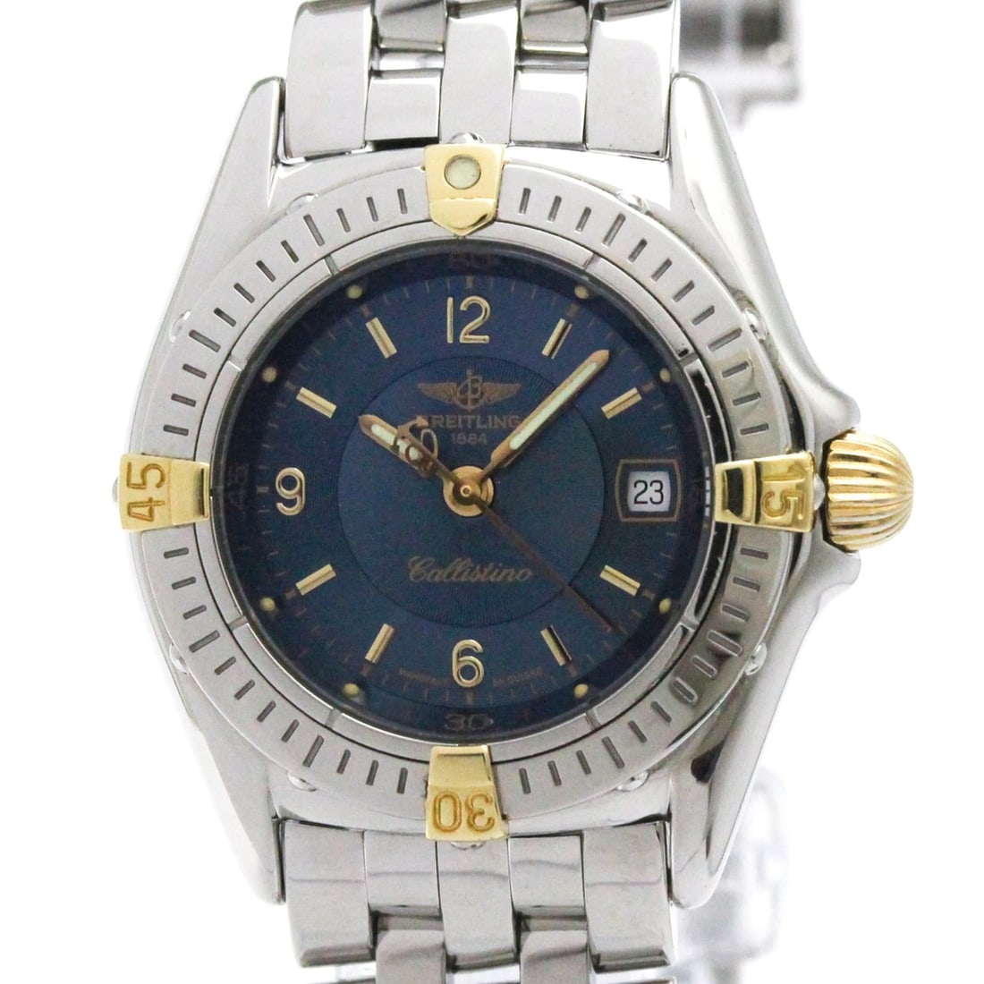 BREITLING Callistino 18K Gold Steel Ladies Watch B52045 Polished: --- Catalog ---Category: SizeCase Diameter: 27mm / 1.06''Category: DesignType: WristwatchStyle: SportGender: WomenColor (Dial): BlueMaterial (Band): Stainless steelMaterial (Case): Stainless steel, Ye