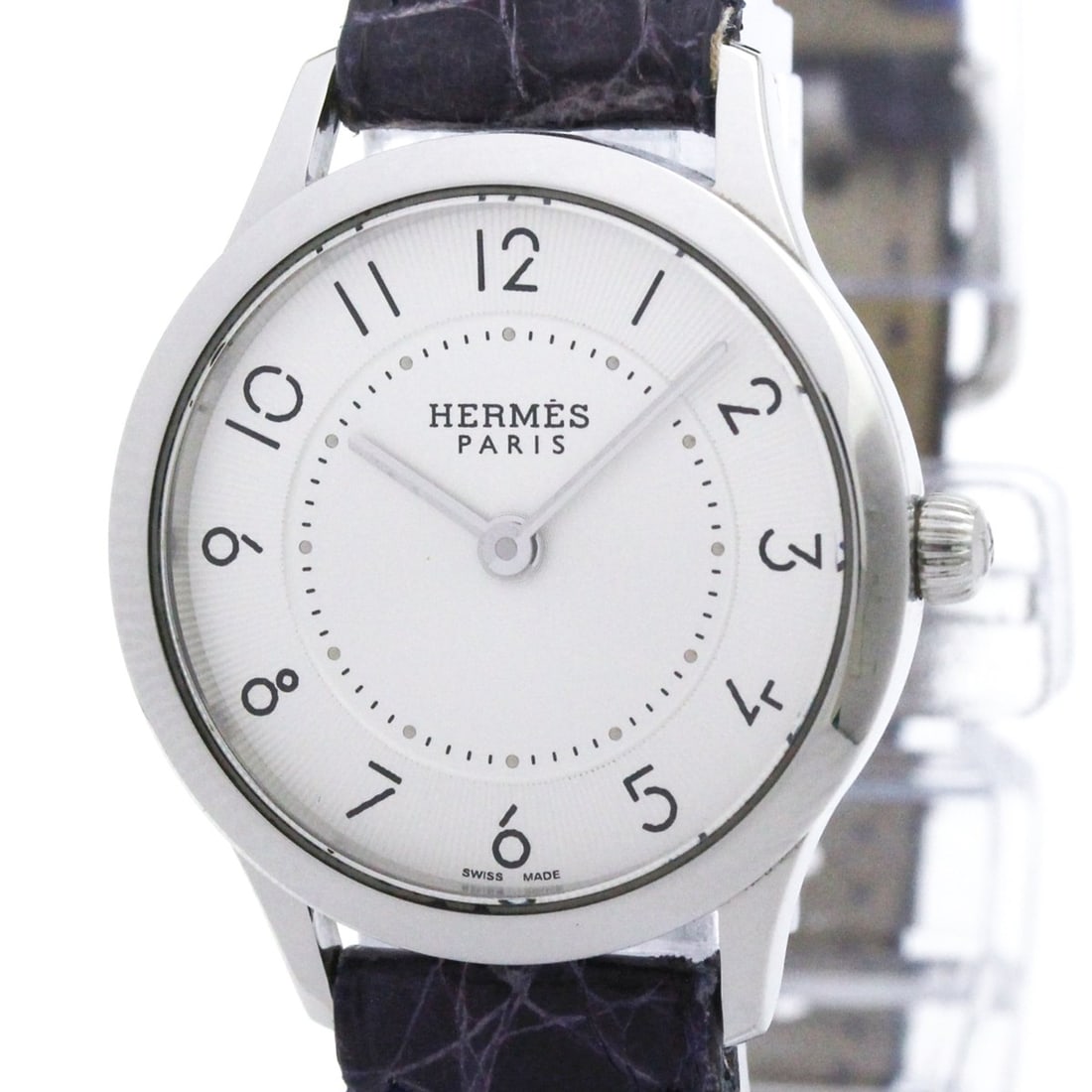 HERMES Slim D'Hermes Steel Quartz Ladies Watch CA2.110 Polished: --- Catalog ---Category: SizeCase Diameter: 25mm / 0.98''Category: DesignType: WristwatchStyle: Dress/FormalGender: WomenColor (Dial): SilverMaterial (Band): LeatherMaterial (Case): Stainless steelCat