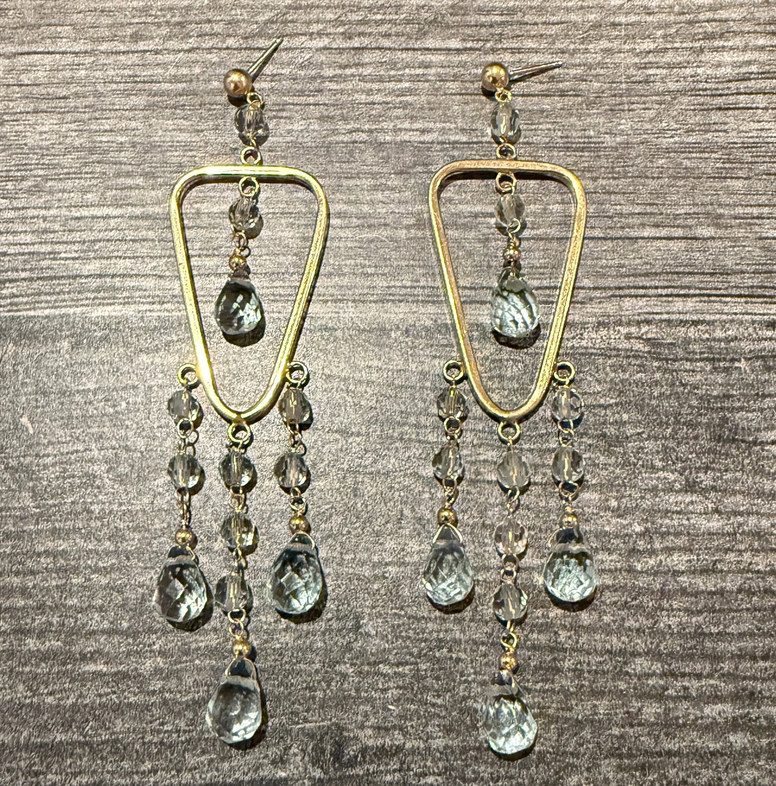 Large Blue Stone and 14K Gold Chandelier Earrings (I): Metal: 14K Yellow Gold Weight: 7.2 gramsMeasurements: 3.5 inches long Markings: "14K" Condition: In very good condition with some minor surface wear.