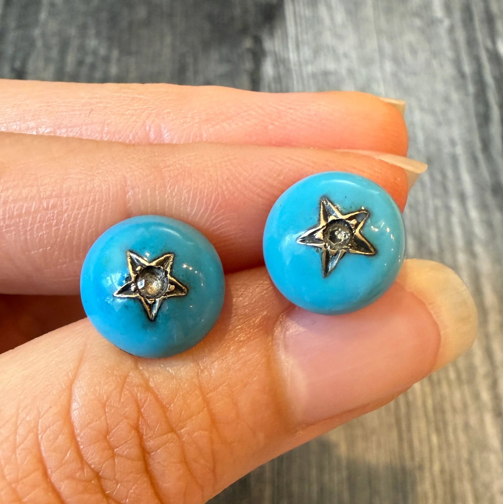 Victorian Carved Turquoise Button Earrings with Diamond Stars (S): Metal: 14K Yellow Gold (acid tested)Weight: 3.3 gramsMeasurement: 0.5 inch diameter Condition: Most likely a conversion from buttons or possibly a different type of earring. The screwback were added o