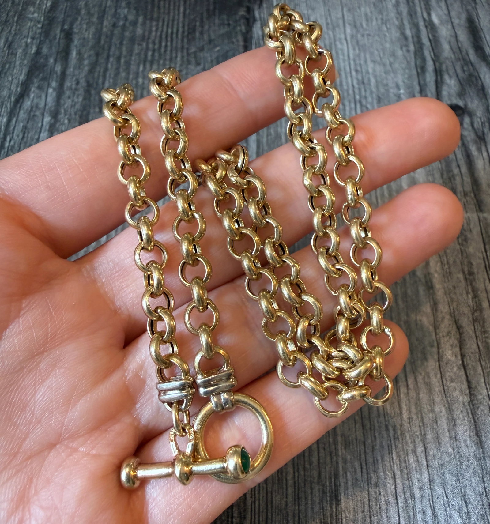 Belcher Link 14K Gold Toggle Clasp Chain, 19.75?? Long: Metal: 14K Yellow Gold Weight: 20.1 gramsMeasurements: 19.75 inches long by 5.9 mm wideMarkings: "14K"Condition: In very good condition with some minor surface wear.