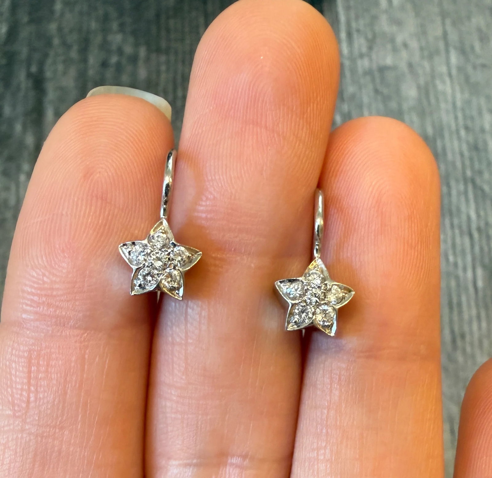 Diamond Star and 14K White Gold Leverback Earrings: Metal: 14K White Gold Weight: 3.3 gramsDiamonds: Approximately 0.24 caratsMeasurements: 0.55 inches long by 0.25 inches wideMarkings: “A&C”Condition: In very good condition with some minor sur