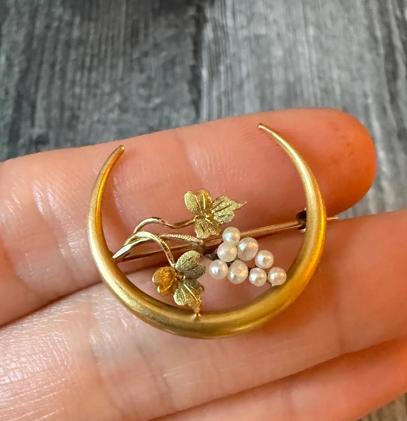 Art Nouveau Crescent and Grape Pin in 10K Gold: Metal: 10K Yellow Gold Weight: 1.9 gramsMeasurements: 1 inch long by 1.1 inches wideMarkings: "0K"Condition: In very good antique condition with some minor surface wear
