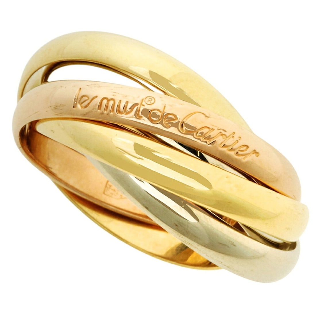 Cartier Trinity Ring, approximately 8.5g, 18K Yellow Gold, Pink White Size #50 (approximately US: --- Catalog ---Category: SizeUS Size: 5.5Brand Size: 50Category: DesignType: Band ringGender: WomenMaterial: Pink gold (18K), White gold (18K), Yellow gold (18K)Category: GeneralBrand: Cartier---