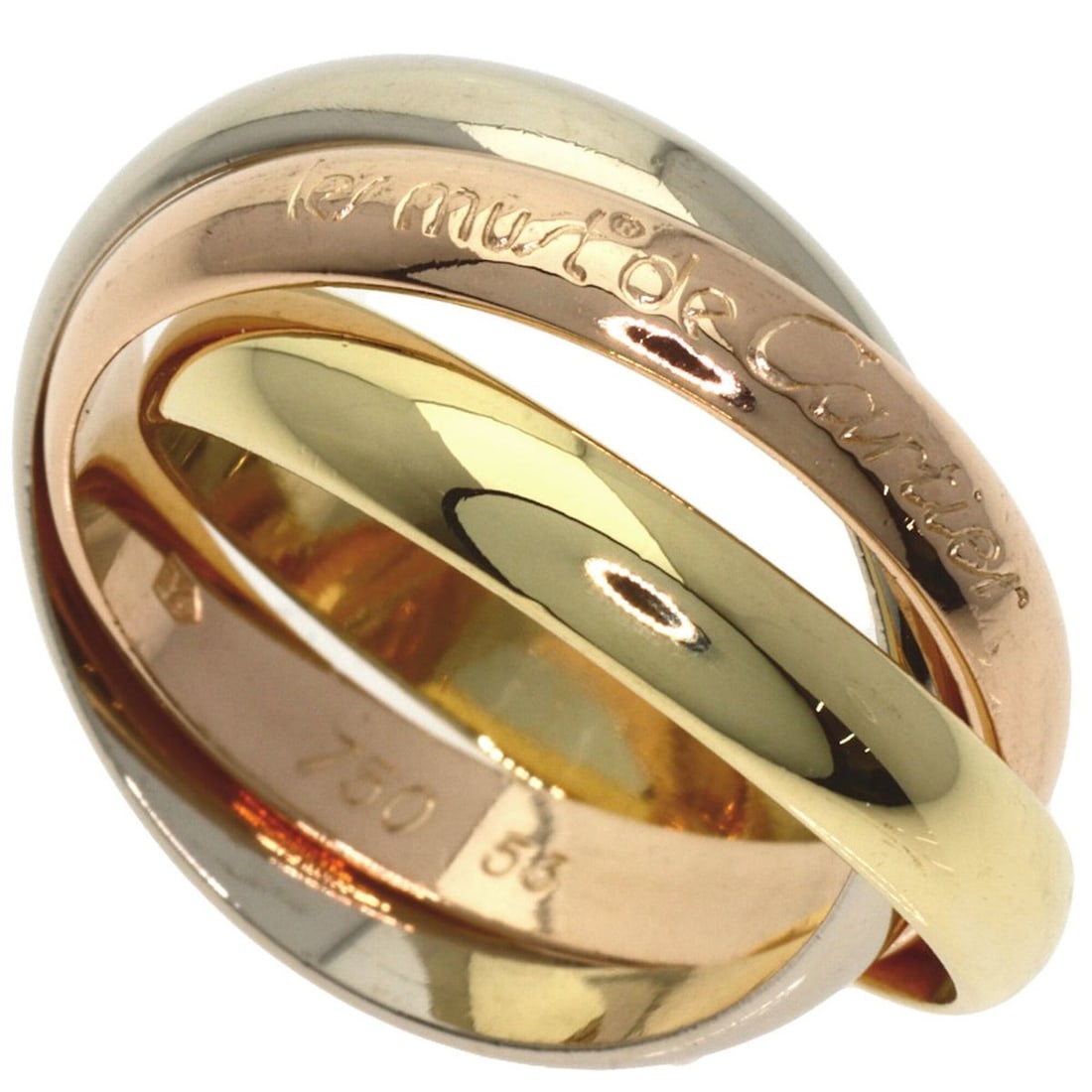 Cartier Trinity #53 Ring - 18K Yellow Gold/18K White Pink Gold Women's CARTIER: --- Catalog ---Category: SizeJP Size: 13US Size: 6.5Category: DesignType: Band ringGender: WomenMaterial: Pink gold (18K), White gold (18K), Yellow gold (18K)Category: GeneralBrand: Cartier--- Item