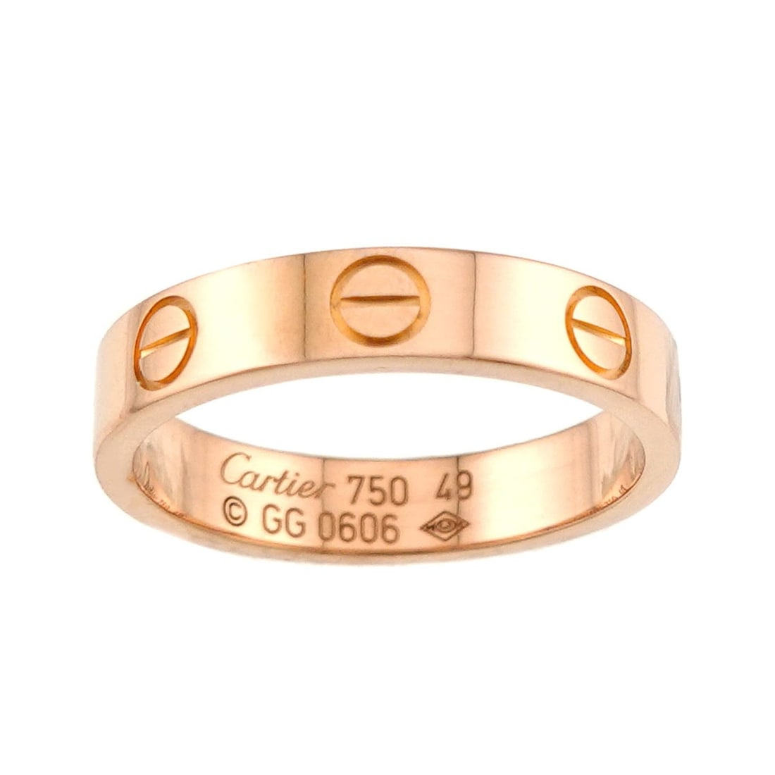 Cartier Mini Love Ring #49, 18K PG Pink Gold 750.: --- Catalog ---Category: SizeUS Size: 5Brand Size: 49Category: DesignType: Band ringGender: WomenMaterial: Pink gold (18K)Category: GeneralBrand: Cartier--- Item List ---Section: ConditionRanking: