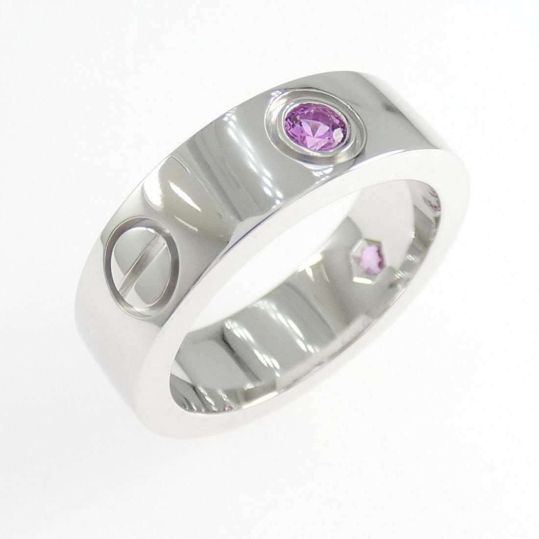 Cartier Love Half Pink Sapphire Ring: --- Catalog ---Category: SizeJP Size: 7US Size: 4Category: DesignType: Band ringGender: WomenMaterial: White gold (18K)Category: GeneralLine: LoveBrand: Cartier--- Item List ---Section: ConditionRanki