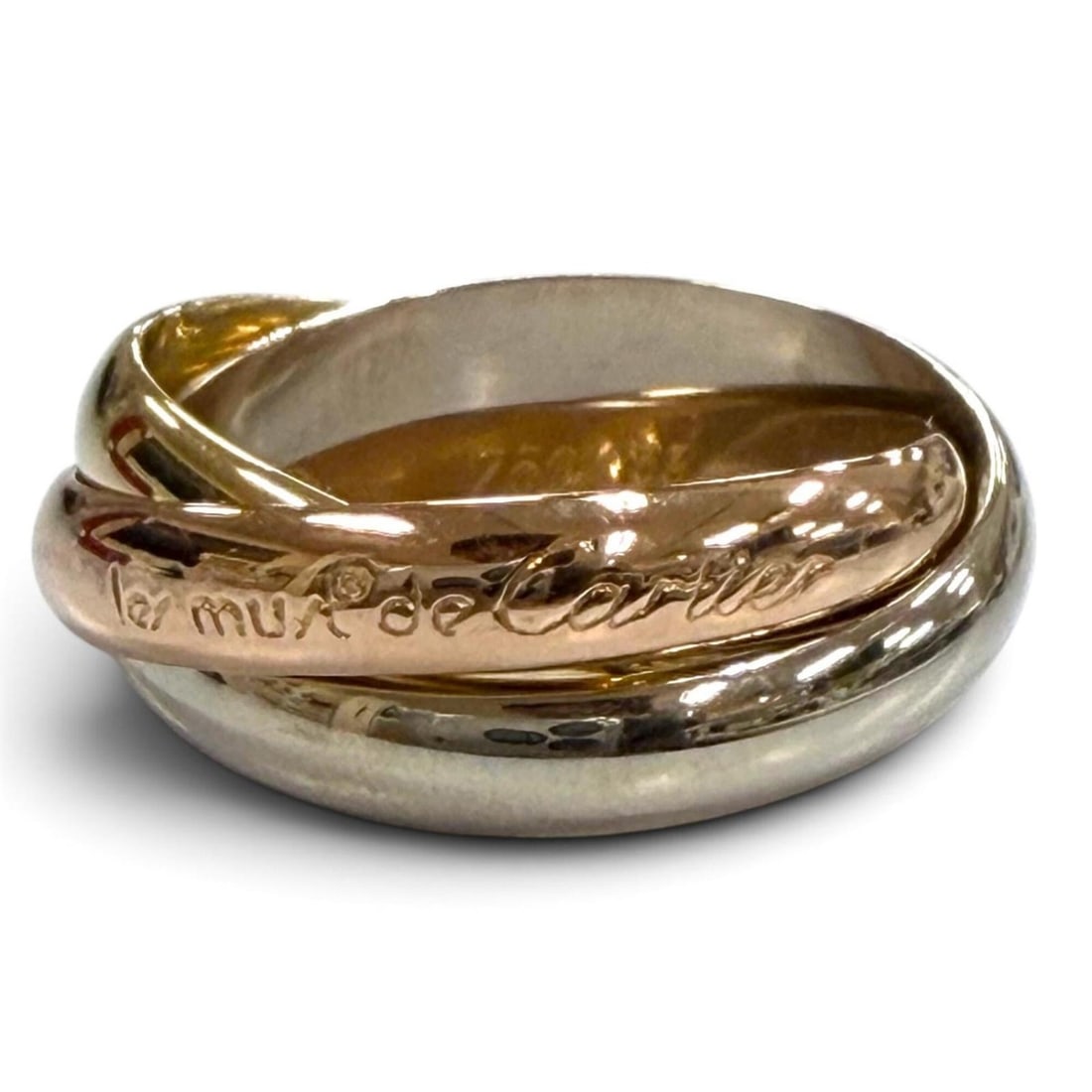 Cartier Trinity Ring Classic 750 (YG x PG WG) Ring, Yellow Gold, Pink White Size 53, Weight 8.01g,: --- Catalog ---Category: SizeUS Size: 6.5Brand Size: 53Category: DesignType: Band ringColor: Pink gold, White gold, Yellow goldGender: WomenMaterial: Pink gold (18K), White gold (18K), Yellow gold (18