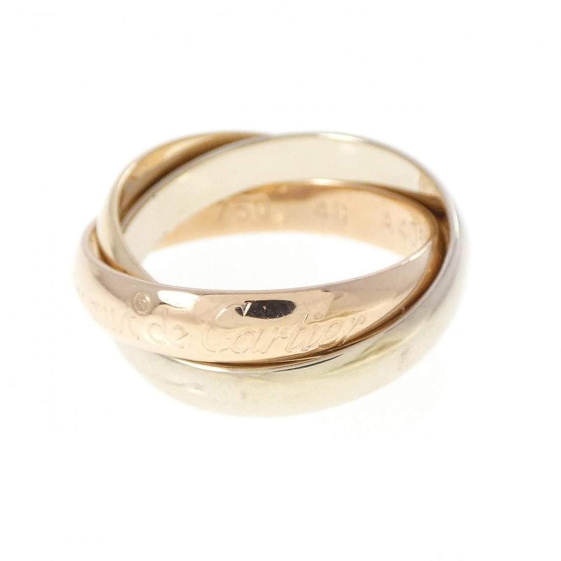 Cartier Trinity Ring: --- Catalog ---Category: SizeUS Size: 4.5Brand Size: 48Category: DesignType: Band ringColor: Pink gold, White gold, Yellow goldGender: WomenMaterial: Pink gold (18K), White gold (18K), Yellow gold (18