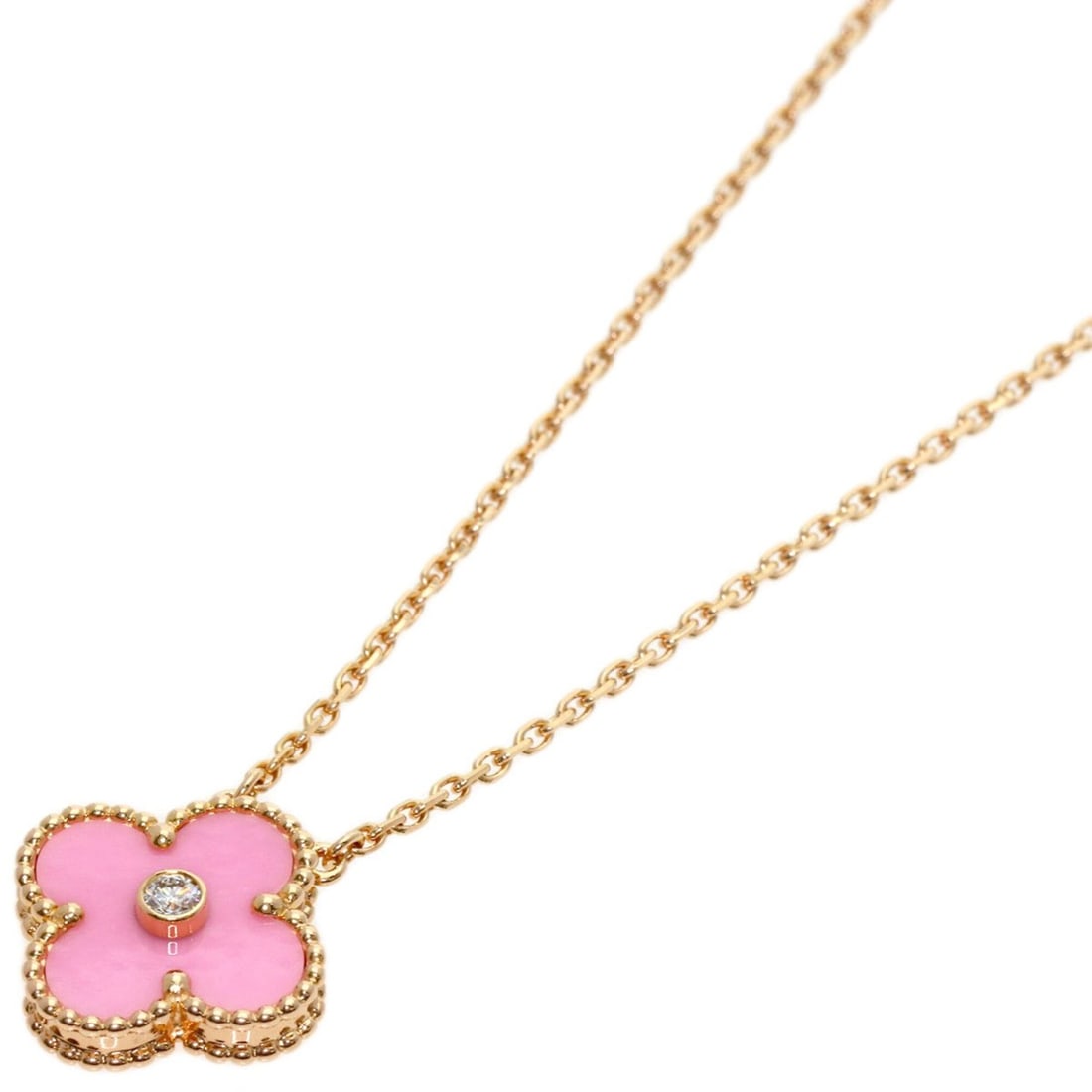 Van Cleef & Arpels Vintage Alhambra Pink Sable Diamond Necklace 18K Gold Women's: --- Catalog ---Category: SizePendant Size: 14.6mm x 14.6mm / 0.57'' x 0.57''Neck Circumference: 41.5 cm / 16.33''Category: DesignStone: DiamondGender: WomenMaterial: Pink gold (18K)Necklace Type: Neck
