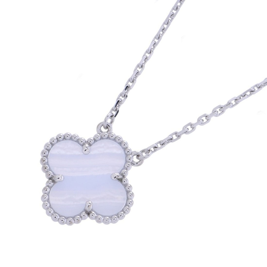 Van Cleef & Arpels Alhambra Necklace Pendant Chalcedony 18KWG White Gold VCARD34900: --- Catalog ---Category: SizePendant Size: 15.5mm x 15mm / 0.61'' x 0.59''Neck Circumference: 37.5 cm - 42 cm / 14.76'' - 16.53''Category: DesignGender: WomenMaterial: White gold (18K)Pendant Type: Pe