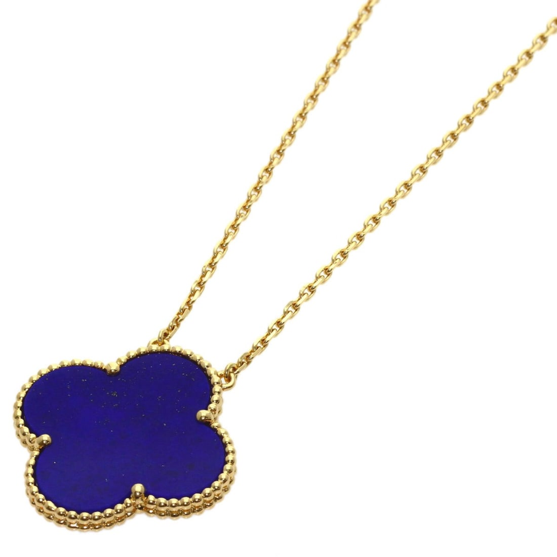 Van Cleef & Arpels Magic Alhambra Lapis Lazuli Necklace, 18K Yellow Gold, Women's.: --- Catalog ---Category: SizeWidth: 1.5mm / 0.06''Weight: 10g / 0.35oz.Pendant Size: 26.2mm x 26.2mm / 1.03'' x 1.03''Neck Circumference: 42 cm / 16.53''Category: DesignStone: Lapis lazuliGender: