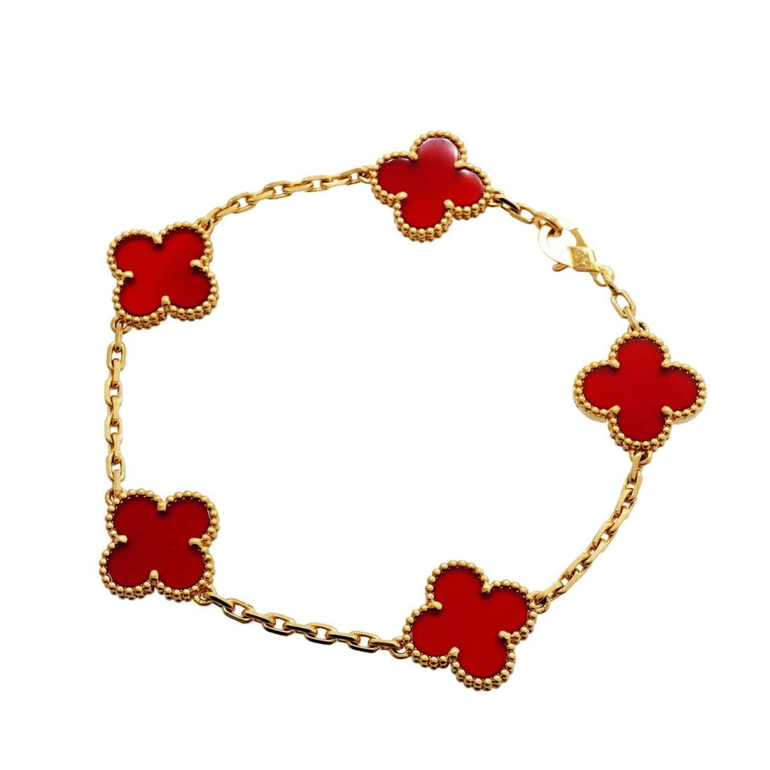Van Cleef & Arpels Alhambra Bracelet, 5 Motifs, 18K Yellow Gold, Carnelian Red, Ladies'.: --- Catalog ---Category: SizeLength: 18cm / 7.08''Category: DesignType: Charm braceletColor: Red colorStone: CarnelianGender: WomenMaterial: Yellow gold (18K)Category: GeneralBrand: Van Cleef &