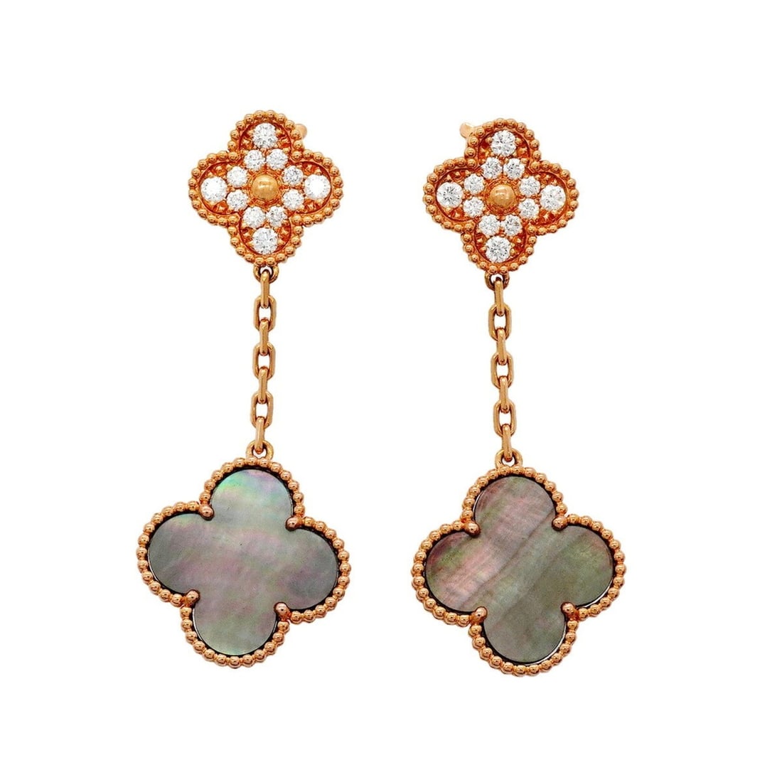 Van Cleef & Arpels Magic Alhambra Earrings, 2 Motifs, 18K Pink Gold, Diamonds, Gray Shell, Ladies': --- Catalog ---Category: SizeSize (HxWxD): 54.10mm x 20.60mm / 2.13'' x 0.81''Category: DesignType: Stud earringsStone: DiamondGender: WomenMaterial: Pink gold (18K)Category: GeneralBrand: Van Cleef &