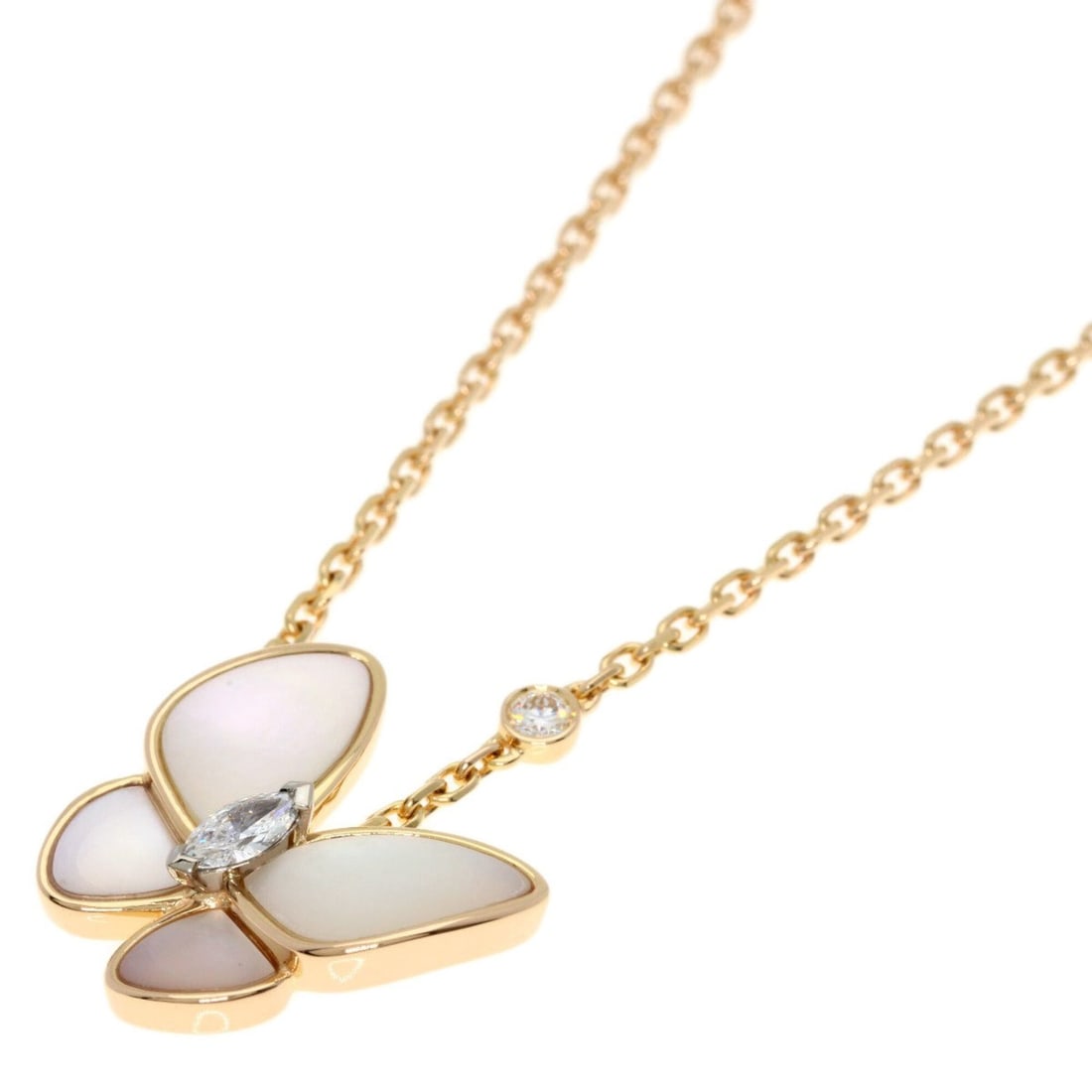 Van Cleef & Arpels de Papillon Diamond White Shell Necklace, 18K Pink Gold, Women's: --- Catalog ---Category: SizePendant Size: 15mm x 15.2mm / 0.59'' x 0.59''Neck Circumference: 46 cm / 18.11''Category: DesignGender: WomenMaterial: Pink gold (18K)Necklace Type: NecklaceCategory: Gene