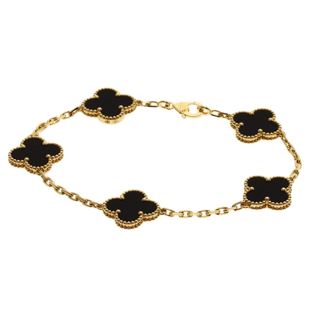 Van Cleef & Arpels Vintage Alhambra 5-Motif Onyx Bracelet, 18K Yellow Gold, Women's: --- Catalog ---Category: SizeLength: 18cm / 7.08''Category: DesignType: Charm braceletGender: WomenMaterial: Yellow gold (18K)Category: GeneralBrand: Van Cleef & Arpels--- Item List ---Section: Condit