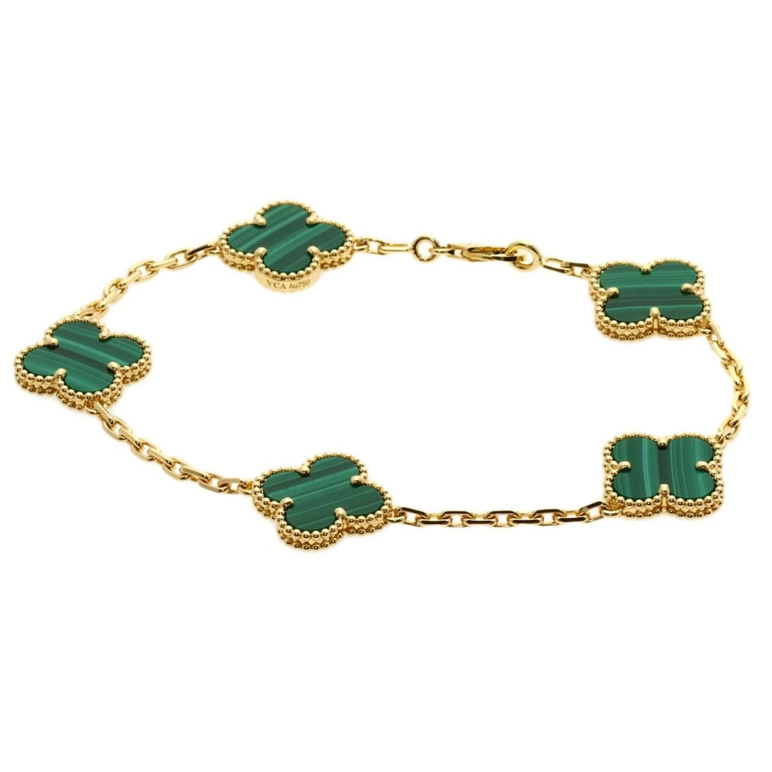 Van Cleef & Arpels Vintage Alhambra 5-Motif Malachite Bracelet, 18K Yellow Gold, Women's: --- Catalog ---Category: SizeLength: 18cm / 7.08''Category: DesignType: Charm braceletGender: WomenMaterial: Yellow gold (18K)Category: GeneralBrand: Van Cleef & Arpels--- Item List ---Section: Condit