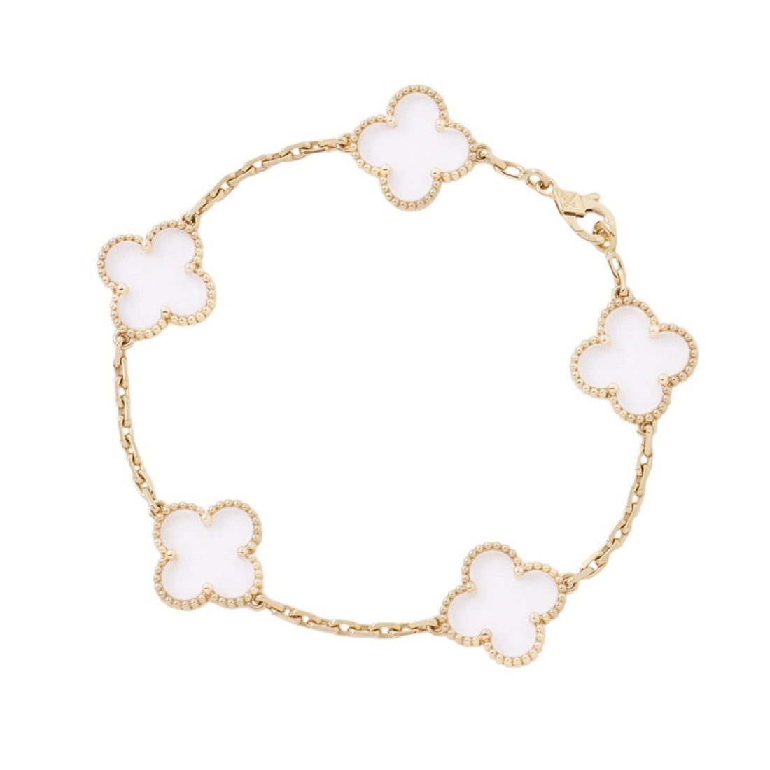Van Cleef & Arpels Alhambra Bracelet with 5 Motifs and Rock Crystal in 18K Yellow Gold (VCARP39D00): --- Catalog ---Category: SizeLength: 17.5cm / 6.88''Weight: 11.5g / 0.4oz.Total Length: 19cm / 7.48''Category: DesignType: Charm braceletStone: CrystalGender: WomenMaterial: Yellow gold (18K)Category: