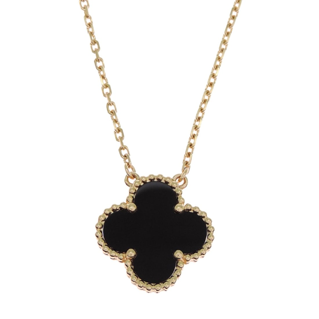 Van Cleef & Arpels Vintage Alhambra Onyx Women's Necklace VCARA45800 750 Yellow Gold: --- Catalog ---Category: SizePendant Size: 14.8mm x 14.9mm / 0.58'' x 0.58''Neck Circumference: 43 cm / 16.92''Category: DesignStone: OnyxGender: WomenMaterial: Yellow gold (18K)Necklace Type: Necklac