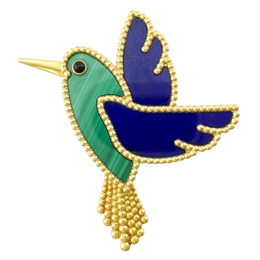 Van Cleef & Arpels Lucky Animals Colibri Brooch, 18K Yellow Gold, Malachite and Lapis Lazuli,: --- Catalog ---Category: PackNumber in Pack: 1Category: SizeWeight: 14.5g / 0.51oz.Size (HxWxD): 4.2cm x 4cm / 1.65'' x 1.57''Category: DesignType: BroochStone: Lapis lazuli, Malachite, OnyxGender: Wo