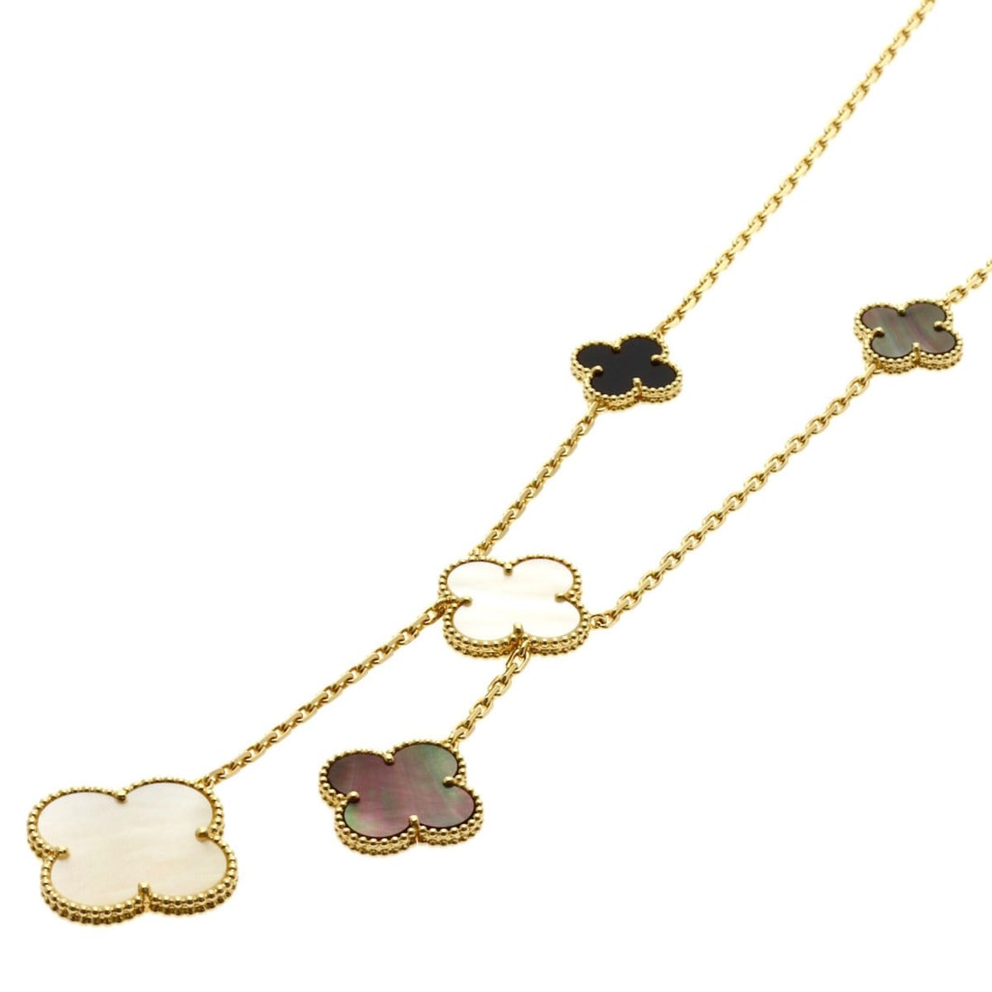 Van Cleef & Arpels Magic Alhambra 6-Motif Shell Onyx Necklace, 18K Yellow Gold, Women's: --- Catalog ---Category: SizePendant Size: 28.7mm x 26.6mm / 1.12'' x 1.04''Neck Circumference: 41.5 cm / 16.33''Category: DesignGender: WomenMaterial: Yellow gold (18K)Necklace Type: NecklaceCategory