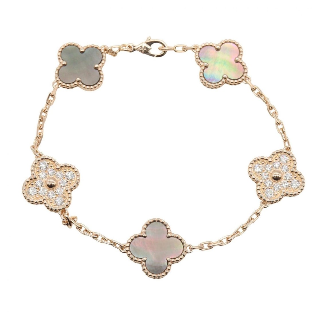 Van Cleef & Arpels Vintage Alhambra 5P Gray Diamond Bracelet - 18K Pink Gold (PG) with Diamonds and: --- Catalog ---Category: SizeLength: 18.5cm / 7.28''Category: DesignType: Charm braceletColor: Clear, Gold, GrayGender: WomenMaterial: Pink gold (18K)Category: GeneralMPN: VCARP2R100Brand: Van Cleef &