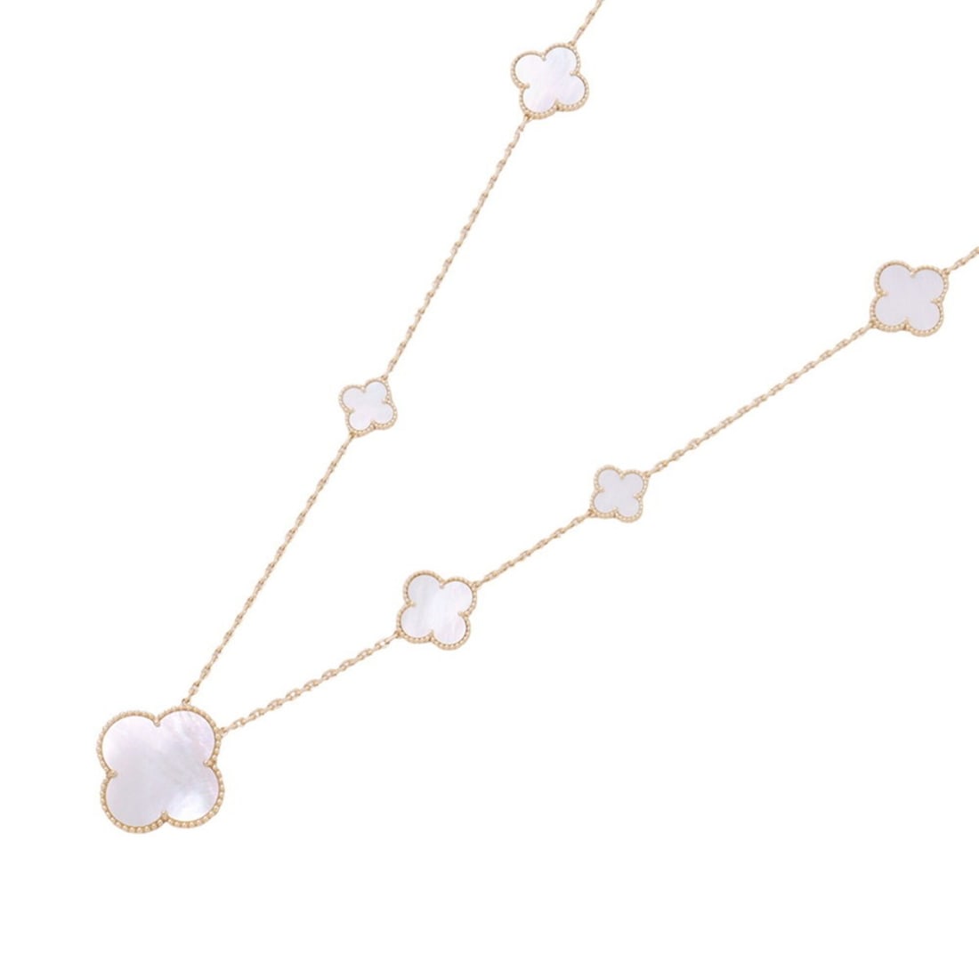 Van Cleef & Arpels Magic Alhambra Long Necklace, 11 Motifs, Mother-of-Pearl, 18K Yellow Gold,: --- Catalog ---Category: SizePendant Size: 32.8mm x 32.8mm / 1.29'' x 1.29''Neck Circumference: 86 cm / 33.85''Category: DesignGender: WomenMaterial: Yellow gold (18K)Necklace Type: NecklaceCategory: 