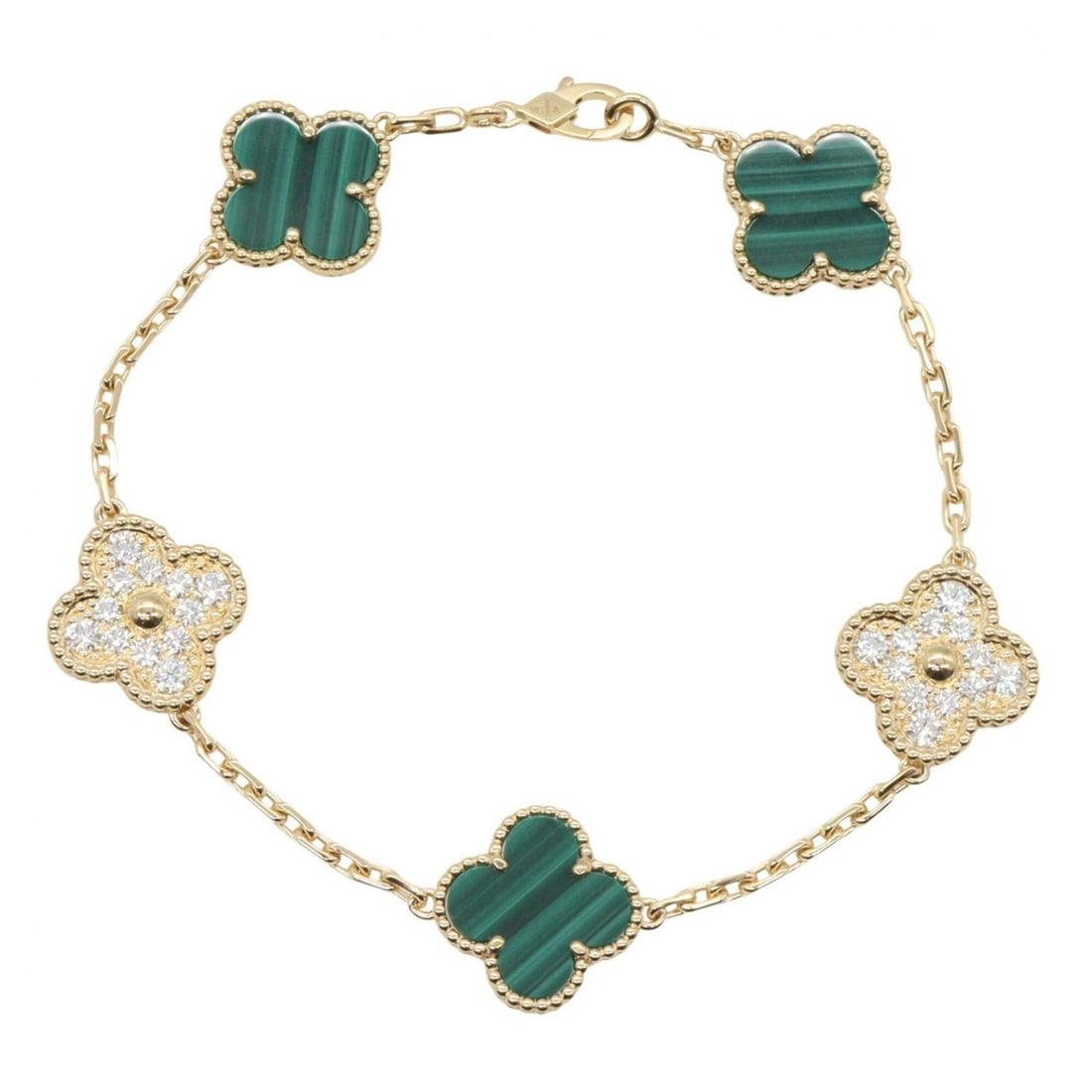 Van Cleef & Arpels Vintage Alhambra 5-Motif Malachite Diamond Bracelet, 18K (Yellow Gold), Diamond, (1 of 7)