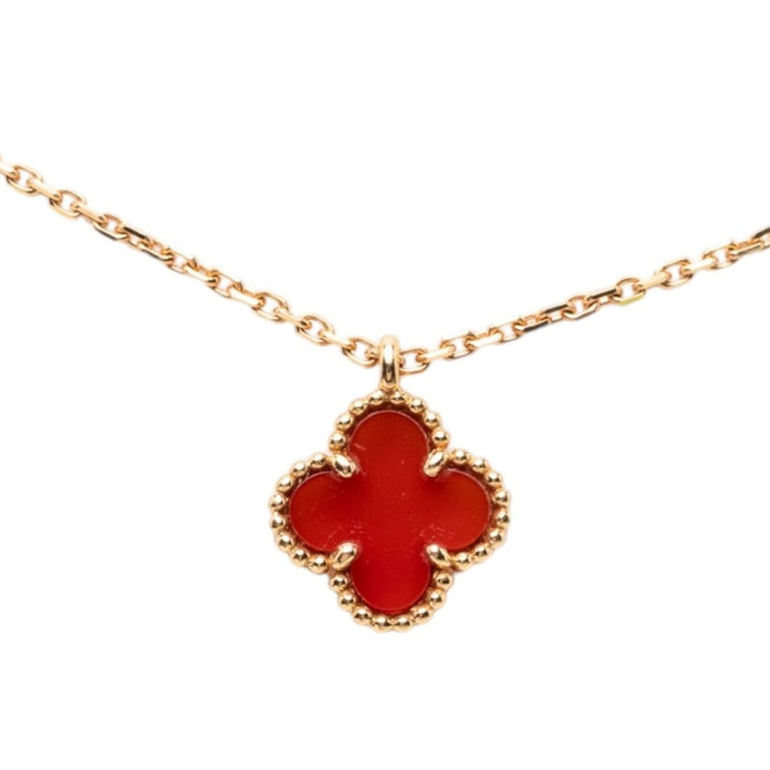 Van Cleef & Arpels Sweet Alhambra Pendant Necklace VCARN59M00 18KPG Pink Gold 750 Carnelian Women's: --- Catalog ---Category: SizePendant Size: 11.5mm x 9mm / 0.45'' x 0.35''Neck Circumference: 40 cm / 15.74''Category: DesignColor: Pink goldGender: WomenMaterial: Pink gold (18K)Necklace Type: