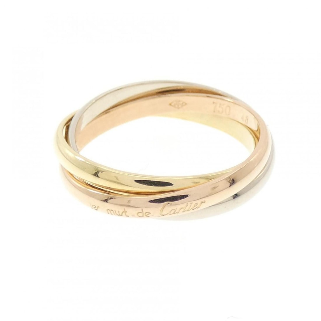 Cartier Trinity Ring: --- Catalog ---Category: SizeUS Size: 4.5Brand Size: 48Category: DesignType: Band ringColor: Pink gold, White gold, Yellow goldGender: WomenMaterial: Pink gold (18K), White gold (18K), Yellow gold