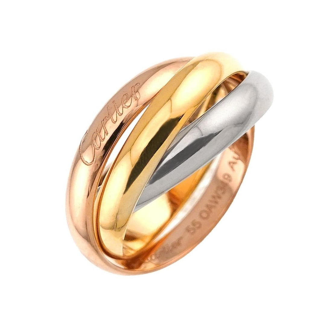 Cartier Trinity MM #55 Ring, 18K Yellow Gold, White Pink Triple Band, Three Colors, 750 Gold.: --- Catalog ---Category: SizeUS Size: 7.5Brand Size: 55Category: DesignType: Band ringGender: WomenMaterial: Pink gold (18K), White gold (18K), Yellow gold (18K)Category: GeneralBrand: Cartier---