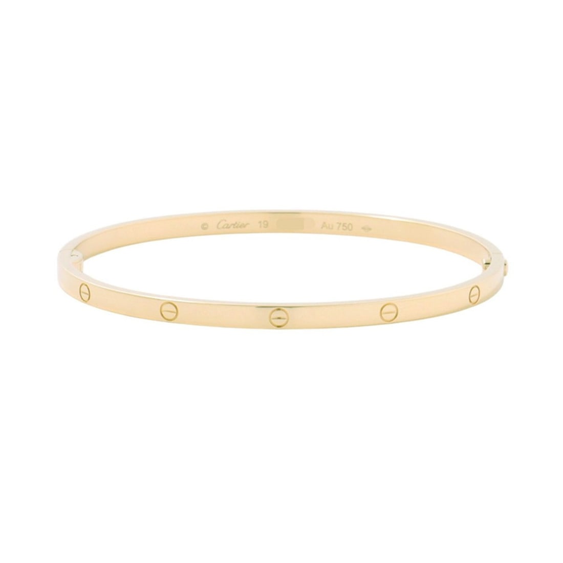 Cartier Love Bracelet SM Small Model 18KYG Yellow Gold Size 19 B6079119 LOVE Bangle: --- Catalog ---Category: SizeSize: 19Width: 3.5mm / 0.13''Length: 18cm / 7.08''Weight: 21g / 0.74oz.Category: DesignType: Charm braceletGender: WomenMaterial: Yellow gold (18K)Category: GeneralLine: