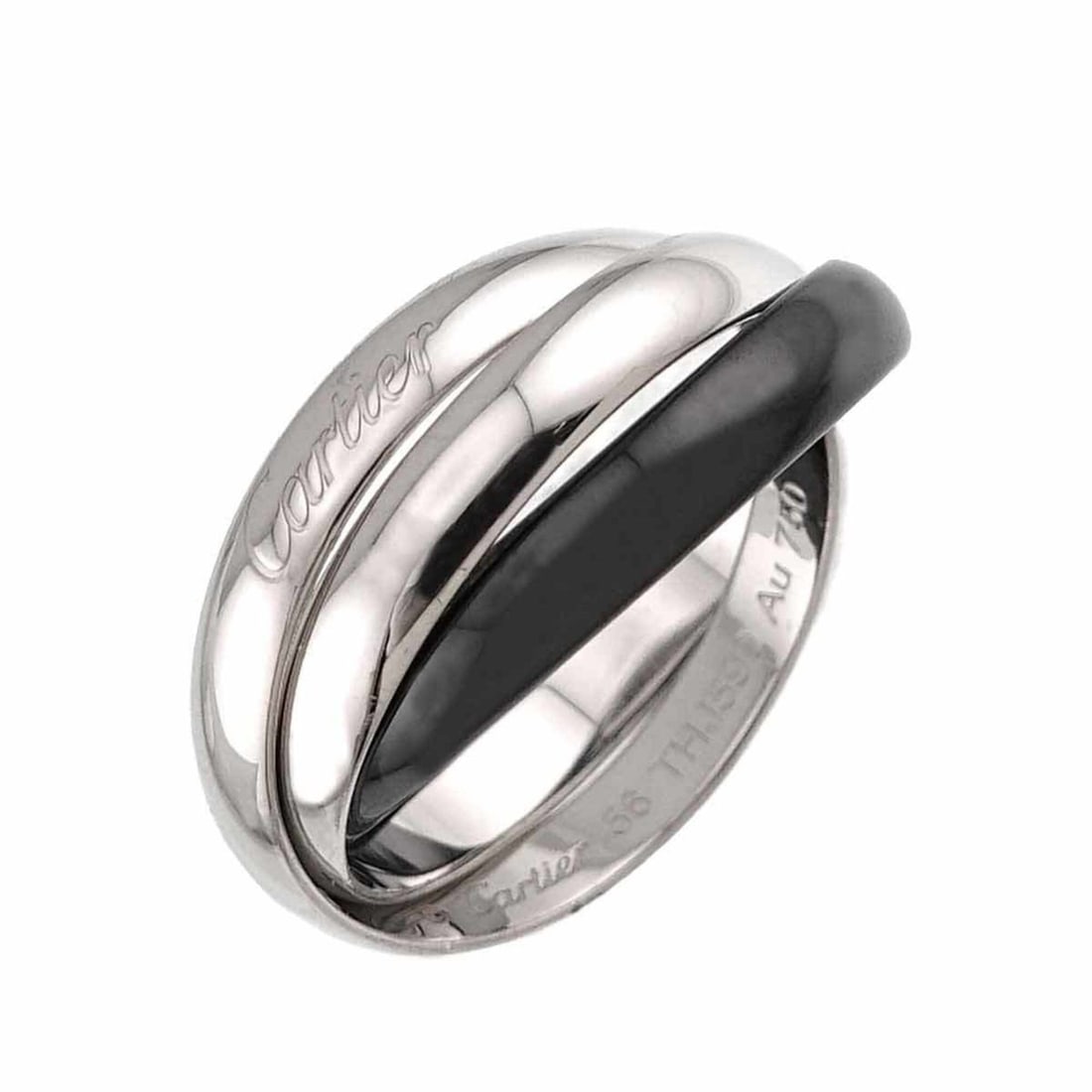 Cartier Trinity MM #56 Ring, Ceramic, 18K White Gold, Triple Band, 750 Gold.: --- Catalog ---Category: SizeUS Size: 8Brand Size: 56Category: DesignType: Band ringGender: WomenMaterial: Ceramic, White gold (18K)Category: GeneralBrand: Cartier--- Item List ---Section: