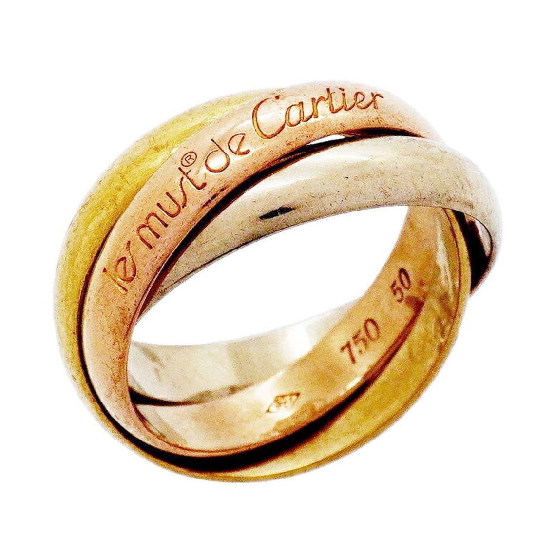 Cartier Trinity Classic Ring, available in 18K Yellow Gold, White and Pink size #50 (Women's).: --- Catalog ---Category: SizeUS Size: 5.5Brand Size: 50Category: DesignType: Band ringGender: WomenMaterial: Pink gold (18K), White gold (18K), Yellow gold (18K)Category: GeneralBrand: Cartier---