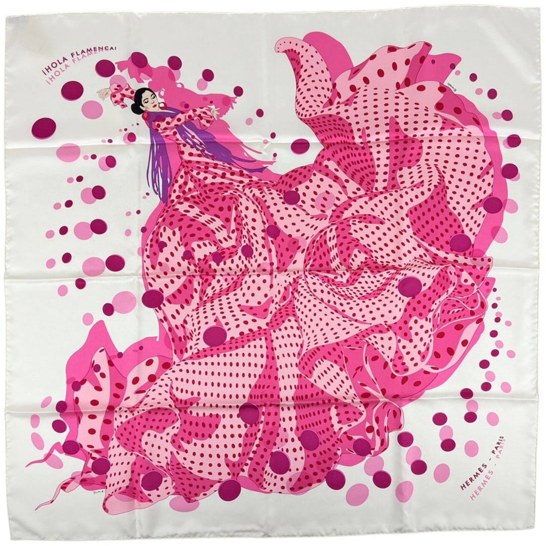 Hermes Carre 90 i HOLA FLAMENCA! Scarf/Muffler, Hola Flamenca, Silk, Pink, Ivory, Multicolor,: --- Catalog ---Category: SizeSize (LxW): 89.5cm x 88cm / 35.23'' x 34.64''Category: DesignType: ScarfColor: Ivory, Multi-color, PinkGender: WomenMaterial: Silk Category: GeneralBrand: Hermes--- Item L