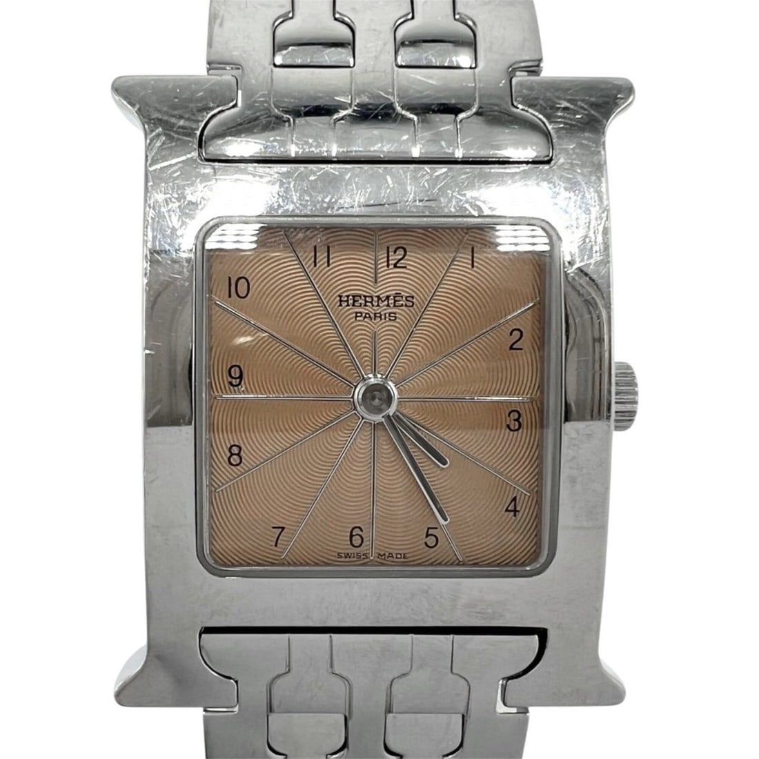 Hermes Women's H-Watch Quartz Watch with Guilloche Dial, H WATCH, Battery-Powered, Stainless Steel,: --- Catalog ---Category: SizeWrist Size: 15.5cm / 6.1''Case Diameter: 21mm / 0.83''Category: DesignType: WristwatchGender: WomenColor (Dial): OrangeMaterial (Band): Stainless steelMaterial (Case): Sta