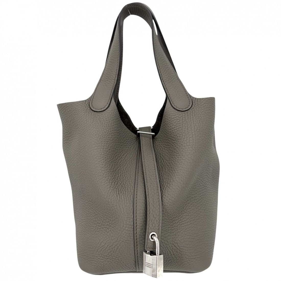 Hermes Picotin Lock PM handbag for women, HERMES A stamp, Taurillon Clemence leather, gray, silver: --- Catalog ---Category: SizeSize (HxWxD): 18cm x 18cm x 13cm / 7.08'' x 7.08'' x 5.11''Handle Length: 27cm / 10.62''Category: DesignType: HandbagColor: GrayGender: WomenMaterial: Taurillon clemence l