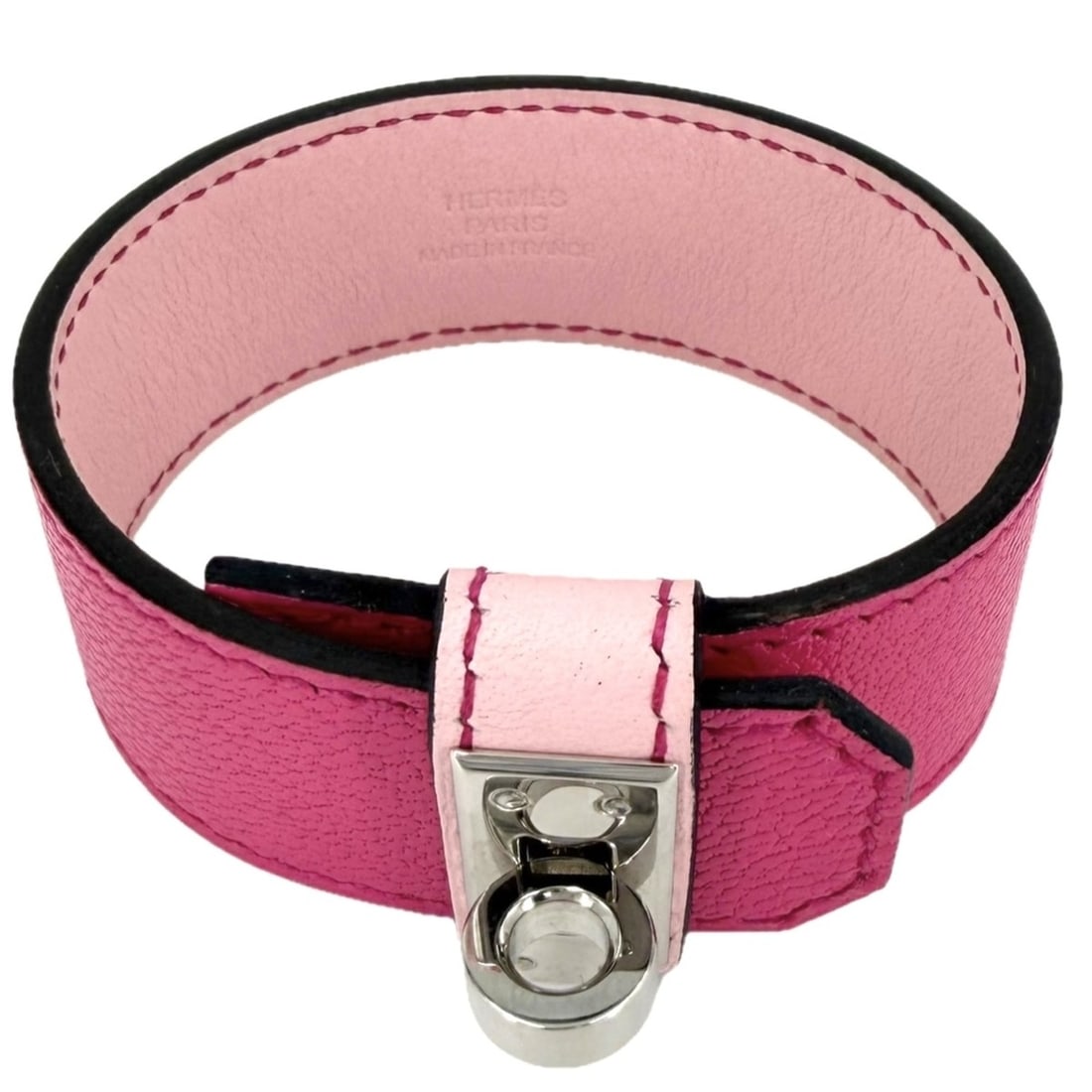 Hermes Kelly Twist PM Bangle for Women, Leather, B Stamp, Pink Tone, Silver Hardware, Approx. 17.8g,: --- Catalog ---Category: SizeLength: 16cm / 6.29''Category: DesignType: BangleColor: PinkGender: WomenMaterial: LeatherCategory: GeneralBrand: Hermes--- Item List ---Section: ConditionRanking: Rank A 