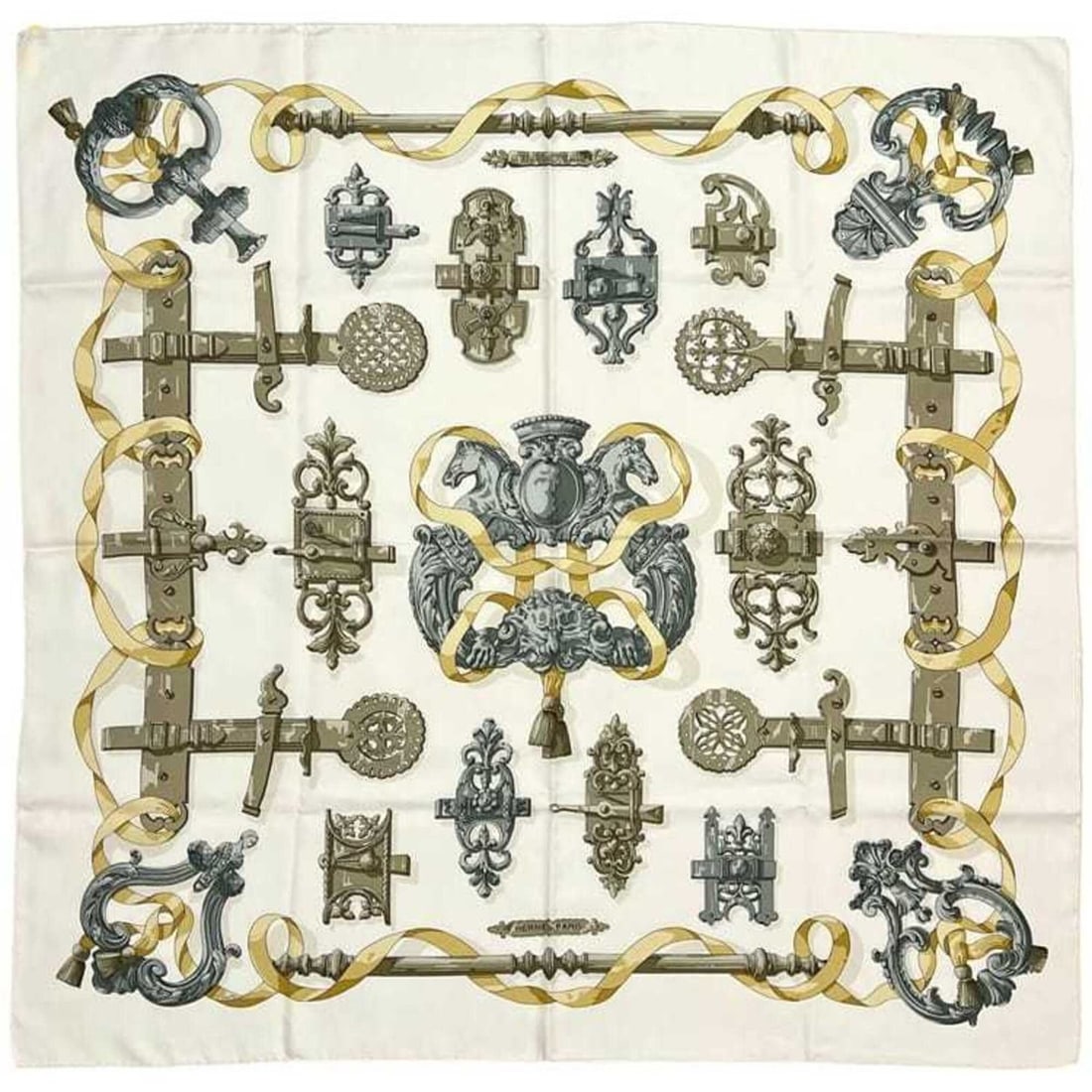 Hermes scarf, muffler, large Carre 90, cloned, Ferronnerie ironwork, HERMES silk, white, women's. (1 of 8)