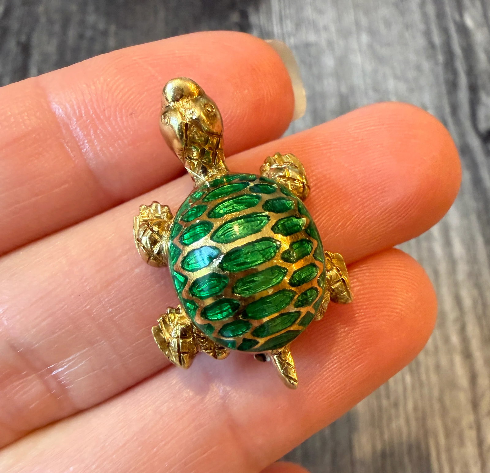 Green Enamel and 18K Gold Turtle Pin (I): Metal: 18K Yellow Gold Weight: 7 gramsMeasurements: 1.1 inches long by 0.7 inches wideMarkings: “CB 18K”Condition: In very good condition with some minor surface wear.Follow us on Instagram @a