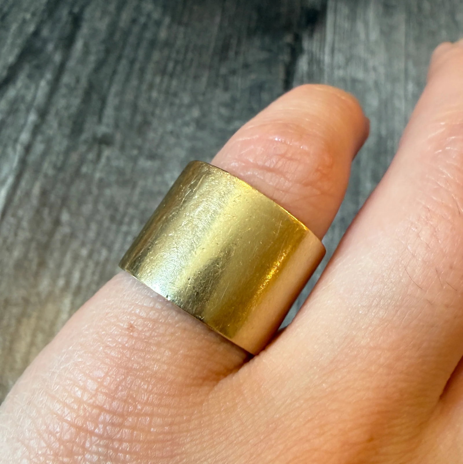 Wide Vintage 18K Gold Cigar Band, Size 6.25: Metal: 18K Yellow Gold Weight: 12.7 gramsWidth: 14.5 mm wideRing Size: 6.5 (fits like a 6.25 due to width)Markings: "18K NICHOLS” and inscribed “To Love & Cherish LER to AER