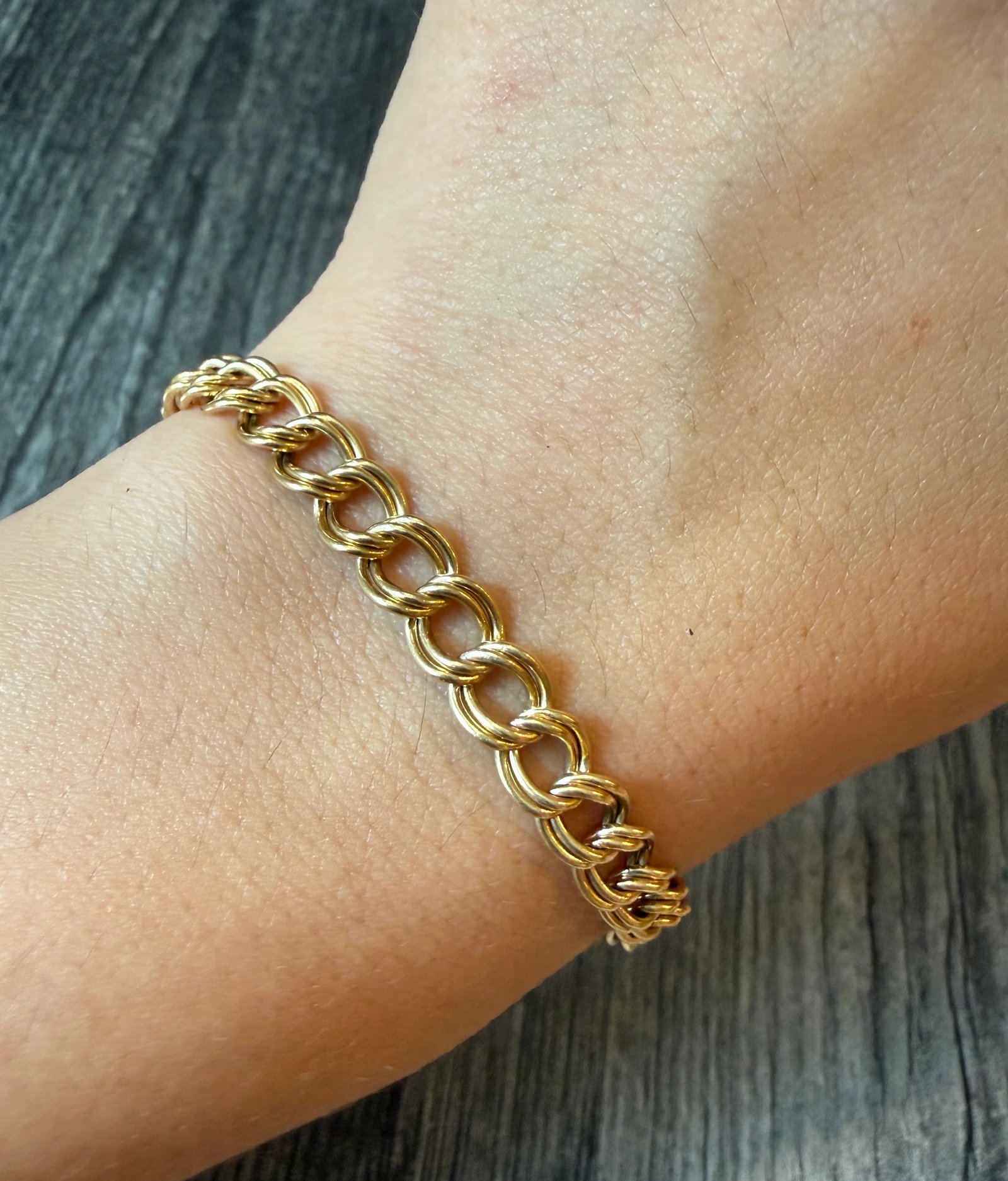 Double Curb Link 14K Gold Bracelet, 8.4?? Long: Metal: 14K Yellow Gold Weight: 12.3 gramsMeasurements: 8.3 inches long by 6.5 mm wide (easily shortened)Markings: "ITALY 14KT"Condition: In very good condition with some minor surface wear.Follow us