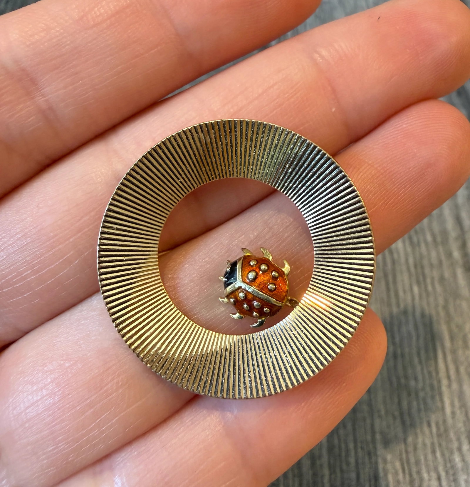Vintage Engine Turned Circle Pin with an Enameled Ladybug in 14K Gold: Metal: 14K Yellow Gold Weight: 5.8 gramsMeasurements: 1.25 inch diameter Markings: “14k"Condition: In good condition with some minor surface wear.Follow us on Instagram @alphaomegajewelry for the