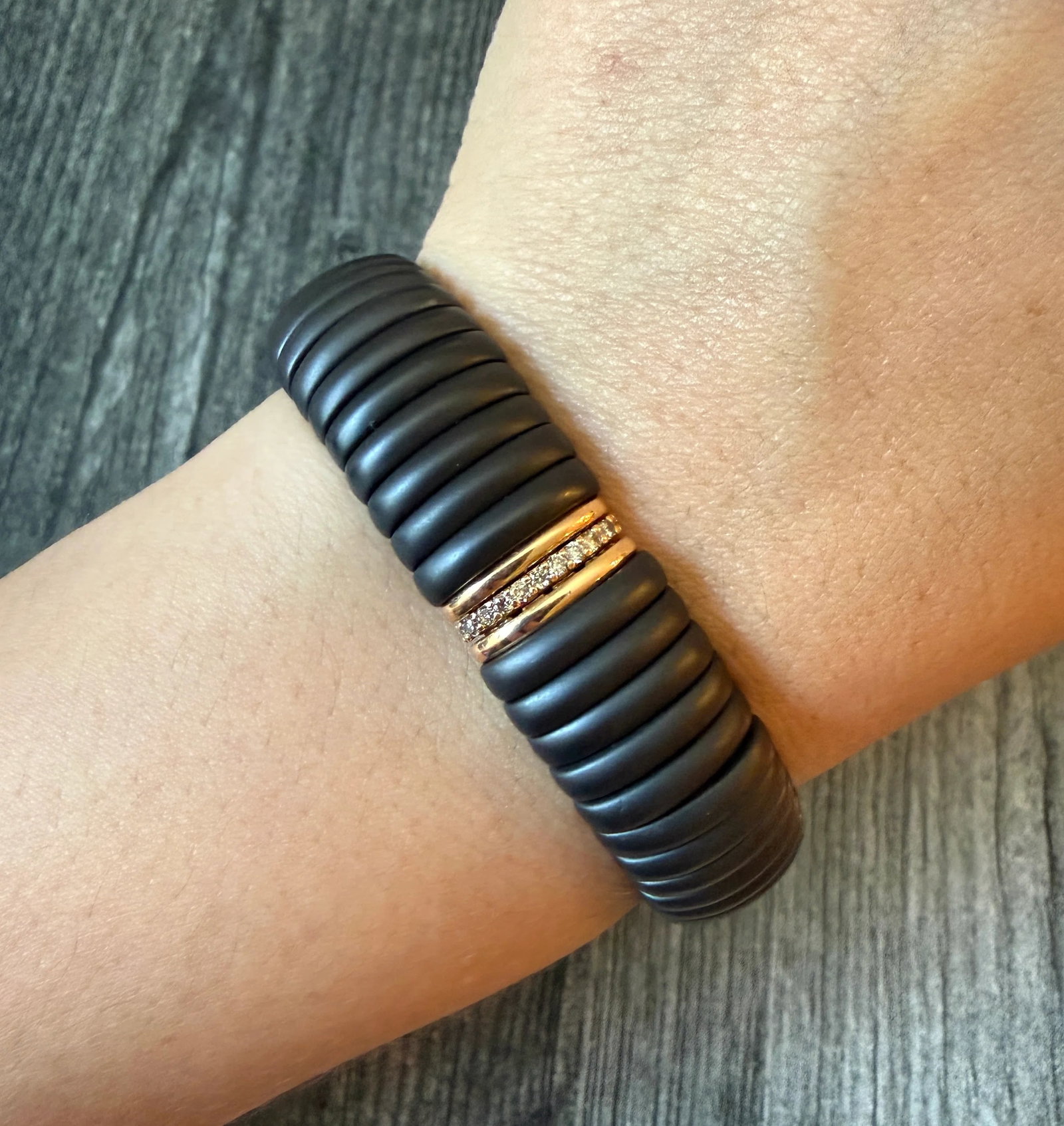 Diamond and Matte Black Ceramic Stretch Bracelet in 18K Gold (1 of 1)