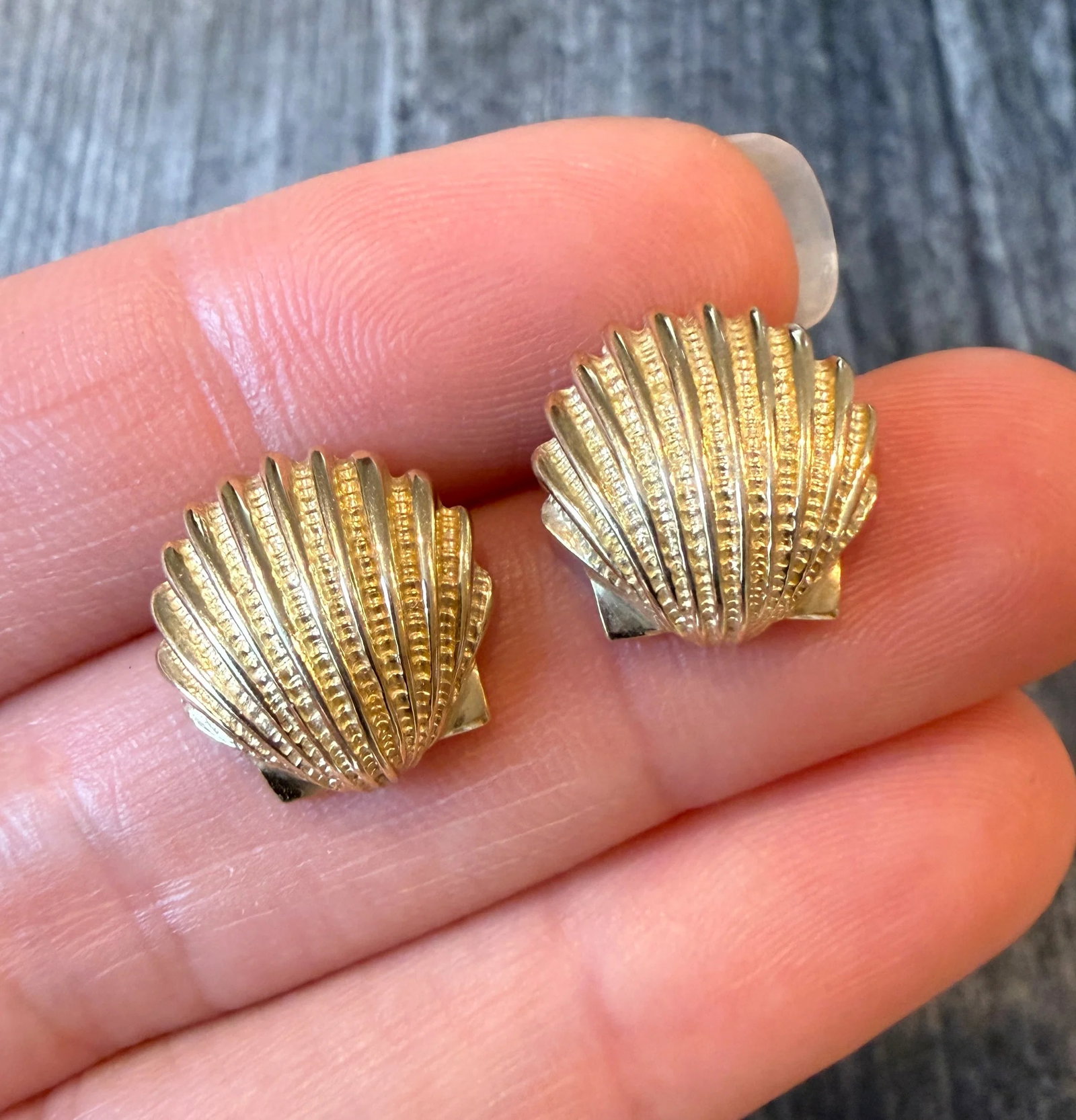 Seashell Stud Earrings in 14K Gold: Metal: 14K Yellow Gold Weight: 5 gramsMeasurements: 0.55 inches long by 0.55 inches wideMarkings: "14K"Condition: In very good condition with some minor surface wear Follow us on Instagram @alphaomega