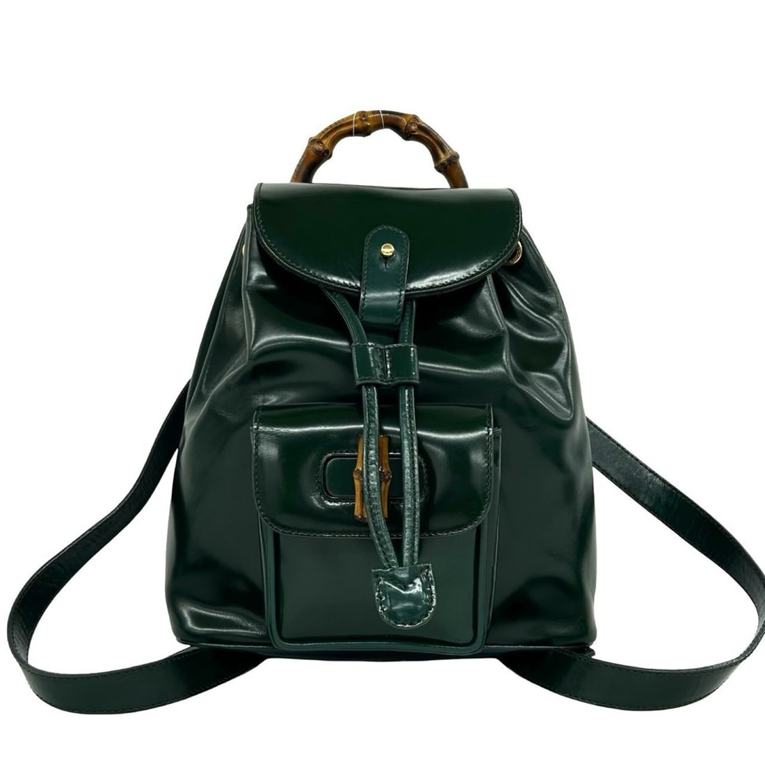 GUCCI Bamboo Patent Leather Enamel Genuine Mini Backpack Daypack Green 125-5: --- Catalog ---Category: SizeSize (HxWxD): 23.5cm x 21.5cm x 7cm / 9.25'' x 8.46'' x 2.75''Category: DesignType: BackpackColor: GreenGender: WomenMaterial: Patent leather Category: GeneralBrand: Gucci