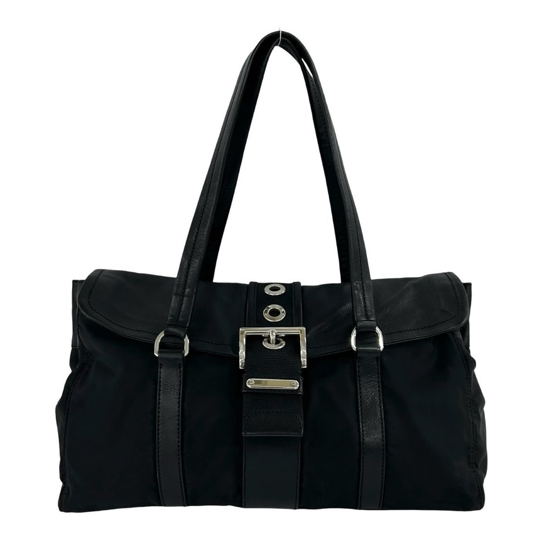 PRADA Prada Triangle Logo Hardware Tessuto Pocono Nylon Leather Genuine Tote Bag Semi Shoulder Black (1 of 10)