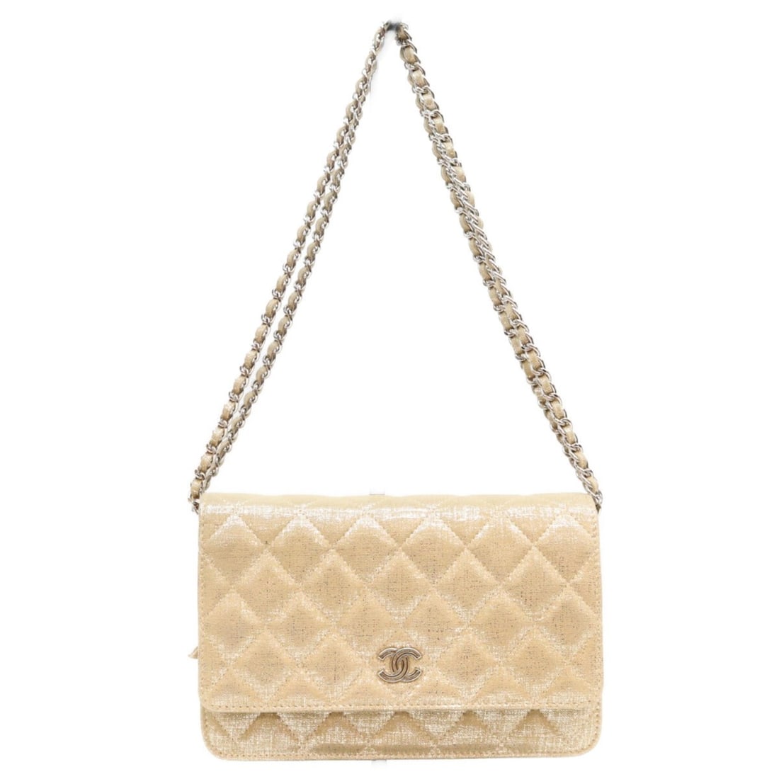 CHANEL Chanel Gold Leather Silver Hardware Matelassé Coco Mark Chain Shoulder Wallet Bag Women's: --- Catalog ---Category: SizeSize (HxWxD): 13cm x 19cm x 2.5cm / 5.11'' x 7.48'' x 0.98''Category: DesignType: Shoulder bagColor: GoldGender: WomenMaterial: Leather Hardware Color: SilverCategory: Gen