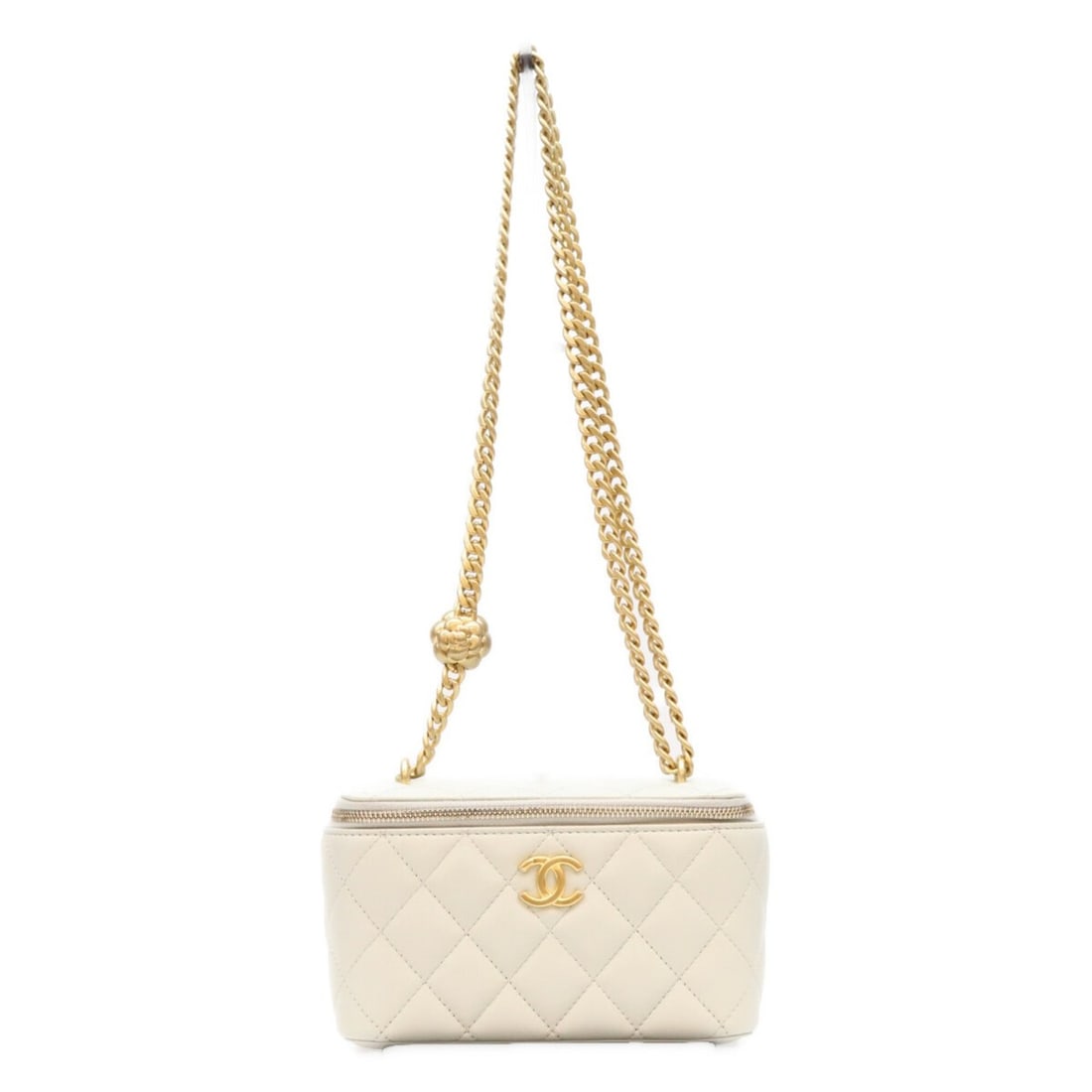 CHANEL AP3301 Light Blue Lambskin Leather Vanity Shoulder Bag with Gold Hardware and Camellia Ball: --- Catalog ---Category: SizeSize (HxWxD): 9.5cm x 16cm x 8cm / 3.74'' x 6.29'' x 3.14''Category: DesignType: Shoulder bagColor: Light blueGender: WomenMaterial: Leather Hardware Color: GoldLeather/Fu