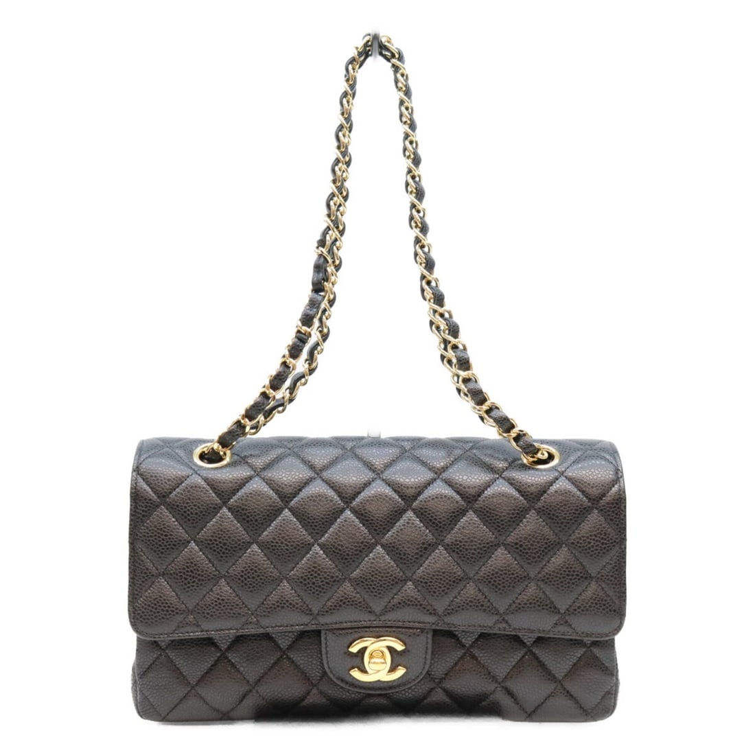 CHANEL A01112 Black Caviar Leather Matelassé 25 Classic Flap Shoulder Bag (No. 19) - Women's (1 of 16)